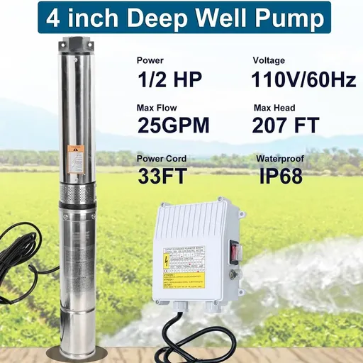 1/2 HP 4 inch Deep Well Submersible Pump 110V 25GPM 150FT Lift 33FT Cord With Control Box