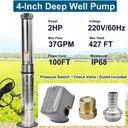 2 HP 4 inch Deep Well Submersible Pump 230V 37GPM 427ft Lift 100FT Cord Stainless Steel