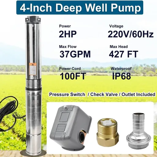 2 HP 4 inch Deep Well Submersible Pump 230V 37GPM 427ft Lift 100FT Cord Stainless Steel