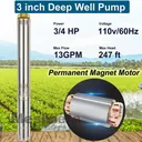 1 HP 3 inch Deep Well Submersible Pump 110V 13GPM 247FT Head 100FT Cord Stainless Steel
