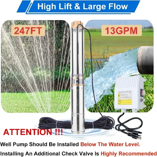 1 HP 3 inch Deep Well Submersible Pump 110V 13GPM 247FT Head 100FT Cord Stainless Steel