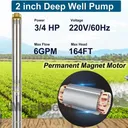 3/4HP 2 inch Deep Well Submersible Pump 220V 6GPM 164FT Lift 50FT Cord  0.75 inch NPT Discharge