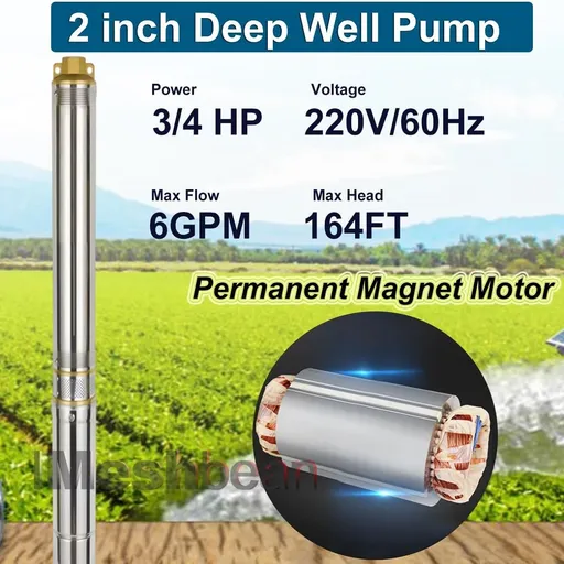 3/4HP 2 inch Deep Well Submersible Pump 220V 6GPM 164FT Lift 50FT Cord  0.75 inch NPT Discharge