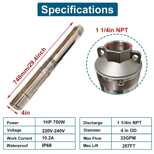 1 HP 4 inch Deep Well Submersible Pump 220V 33GPM 257ft Lift 50ft Cord 1.25 inch NPT Discharge