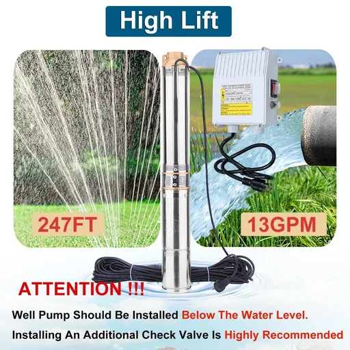 1 HP 3 inch Deep Well Submersible Pump 110V 13GPM 247ft Lift 100ft Cord 1.25 inch NPT Discharge With Control Box
