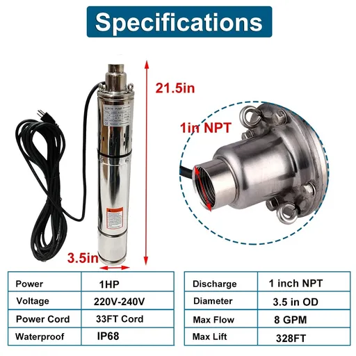 1 HP 3.5 inch Deep Well Submersible Pump 220V 8GPM 328ft Lift 33ft Cord 1 inch NPT Discharge