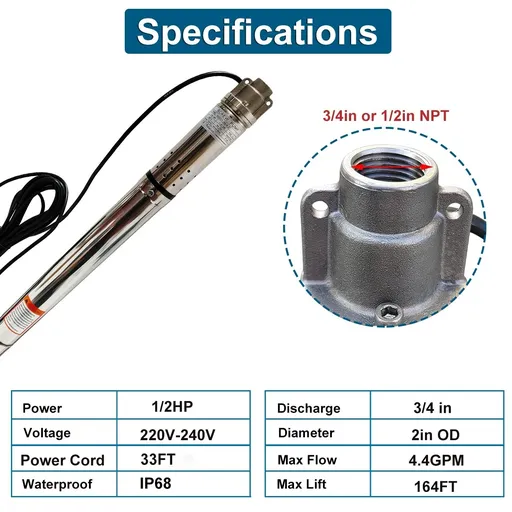 1/2 HP 2 inch Deep Well Submersible Pump 220V 4.4GPM 164ft Lift 33ft Cord 3/4 inch NPT Discharge