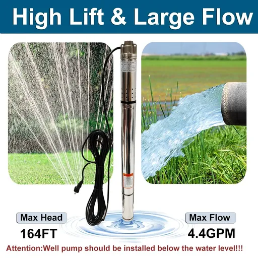 1/2 HP 2 inch Deep Well Submersible Pump 220V 4.4GPM 164ft Lift 33ft Cord 3/4 inch NPT Discharge
