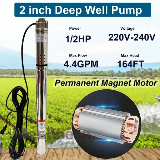 1/2 HP 2 inch Deep Well Submersible Pump 220V 4.4GPM 164ft Lift 33ft Cord 3/4 inch NPT Discharge