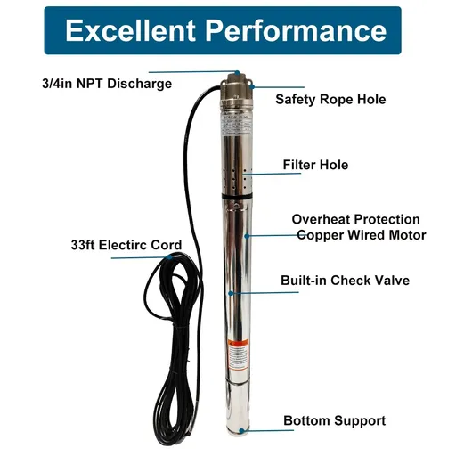 1/2 HP 2 inch Deep Well Submersible Pump 110V 4.4GPM 164ft Lift 33ft Cord 3/4 inch NPT Discharge With Control Box