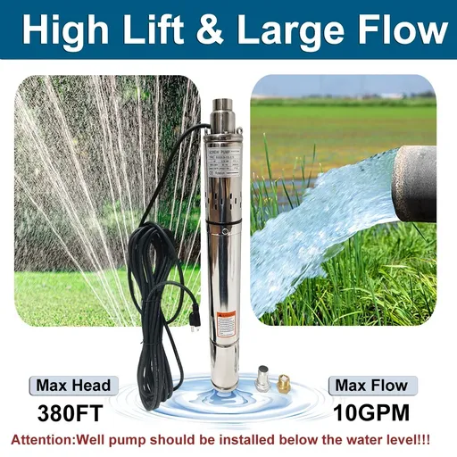 1 HP 3 inch Deep Well Submersible Pump 220V 10GPM 380ft Lift 33ft Cord 1 inch NPT Discharge