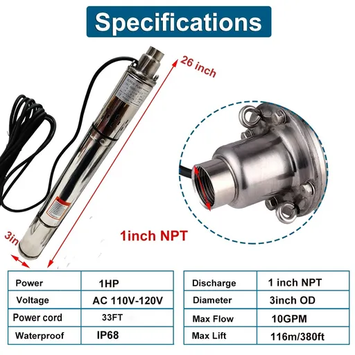 1 HP 3 inch Deep Well Submersible Pump 110V 10GPM 380ft Lift 33ft Cord 1 inch NPT Discharge With Control Box