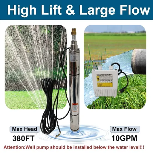 1 HP 3 inch Deep Well Submersible Pump 110V 10GPM 380ft Lift 33ft Cord 1 inch NPT Discharge With Control Box