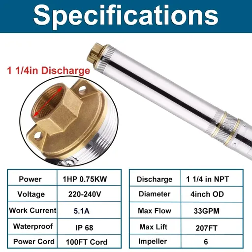 1 HP 4 inch Deep Well Submersible Pump 220V 37GPM 207ft Lift 100ft Cord 1.25 inch NPT Discharge With Control Box