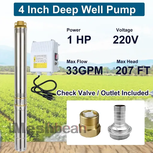 1 HP 4 inch Deep Well Submersible Pump 220V 37GPM 207ft Lift 100ft Cord 1.25 inch NPT Discharge With Control Box