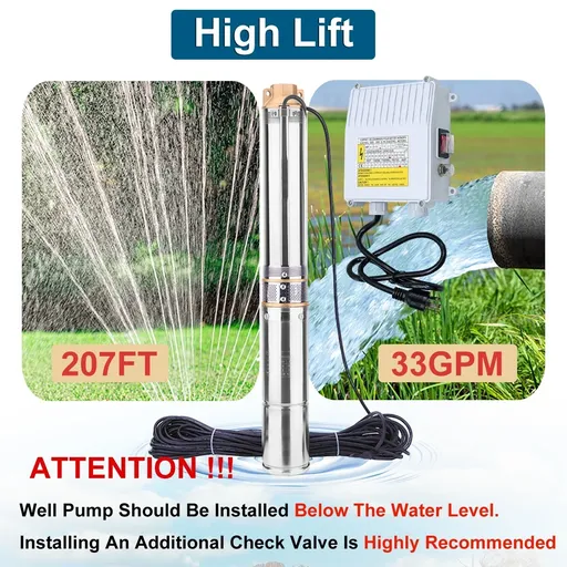 1 HP 4 inch Deep Well Submersible Pump 220V 37GPM 207ft Lift 100ft Cord 1.25 inch NPT Discharge With Control Box