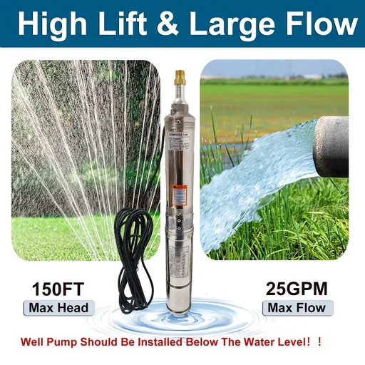1/2 HP 4 inch Deep Well Submersible Pump 110V 25GPM 150ft Lift 33ft Cord 1.25 inch NPT Discharge