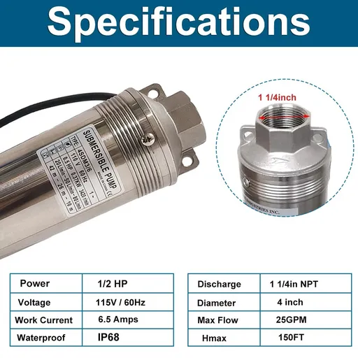 1/2 HP 4 inch Deep Well Submersible Pump 110V 25GPM 150ft Lift 33ft Cord 1.25 inch NPT Discharge