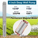 1/2 HP 4 inch Deep Well Submersible Pump 110V 25GPM 150ft Lift 33ft Cord 1.25 inch NPT Discharge