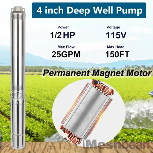 1/2 HP 4 inch Deep Well Submersible Pump 110V 25GPM 150ft Lift 33ft Cord 1.25 inch NPT Discharge