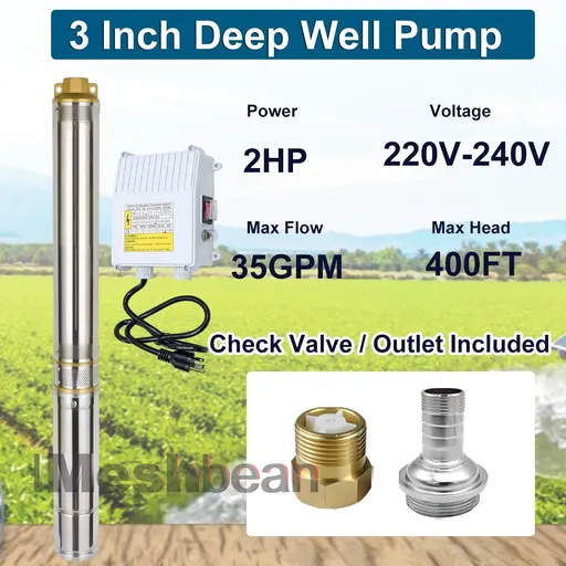2 HP 4 inch Deep Well Submersible Pump 220V 27GPM 427ft Lift 100ft Cord 1.25 inch NPT Discharge