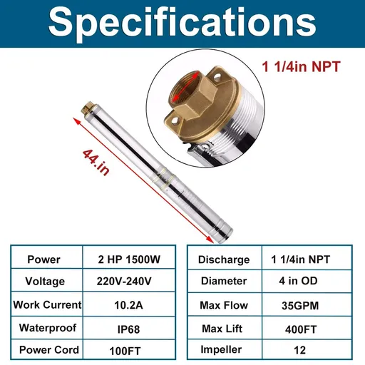 2 HP 4 inch Deep Well Submersible Pump 220V 27GPM 427ft Lift 100ft Cord 1.25 inch NPT Discharge