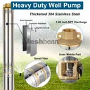 2 HP 4 inch Deep Well Submersible Pump 220V 27GPM 427ft Lift 100ft Cord 1.25 inch NPT Discharge