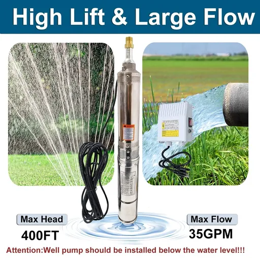 2 HP 4 inch Deep Well Submersible Pump 220V 27GPM 427ft Lift 100ft Cord 1.25 inch NPT Discharge Stainless Steel