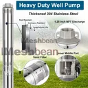 2 HP 4 inch Deep Well Submersible Pump 220V 27GPM 427ft Lift 100ft Cord 1.25 inch NPT Discharge Stainless Steel
