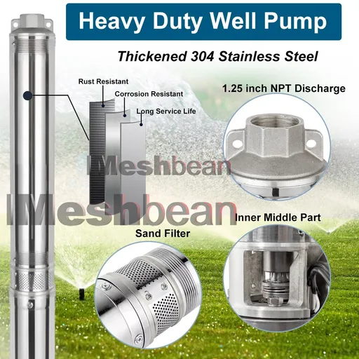 2 HP 4 inch Deep Well Submersible Pump 220V 27GPM 427ft Lift 100ft Cord 1.25 inch NPT Discharge Stainless Steel