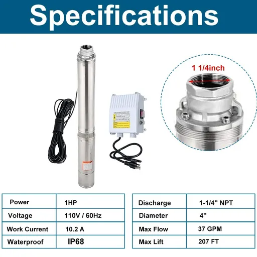1 HP 4 inch Deep Well Submersible Pump 110V 37GPM 207ft Lift 100ft Cord 1.25 inch NPT Discharge With Control Box