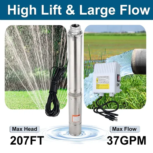 1 HP 4 inch Deep Well Submersible Pump 110V 37GPM 207ft Lift 100ft Cord 1.25 inch NPT Discharge With Control Box