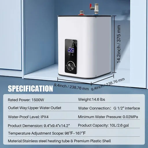 Small  Electric Tank Water Heater With Digital Display For Kitchen Bathroom Home 1500W 110V 95°F-167°F Adjustable 2.6 Gallon 10L