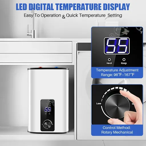 Small  Electric Tank Water Heater With Digital Display For Kitchen Bathroom Home 1500W 110V 95°F-167°F Adjustable 2.6 Gallon 10L