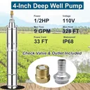 1/2 HP 4 inch Deep Well Submersible Pump 110V 9GPM 328FT Lift 33FT Cord 1 inch NPT Discharge