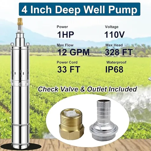 1 HP 4 inch Deep Well Submersible Pump 110V 12GPM 328FT Lift 33FT Cord 1 inch NPT Discharge