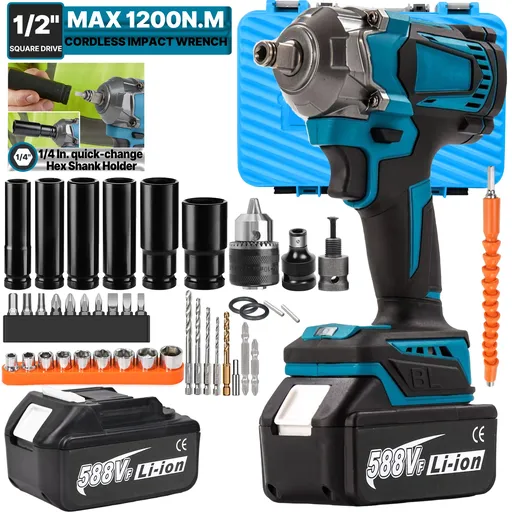 21V Cordless Impact Wrench Kit 1/2" 1200Nm High Torque Brushless Drill w/ 2 Battery