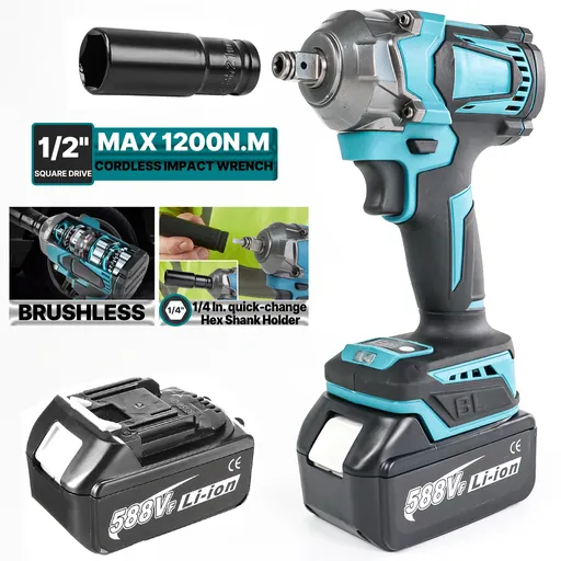 21V Cordless Impact Wrench 1/2" 1200Nm High Torque Brushless Drill w/ 2 Battery