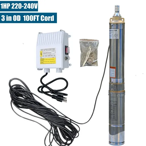 1 HP 3 inch Deep Well Submersible Pump 220V 13GPM 247ft Lift 100ft Cord 1.25 inch NPT Discharge With Control Box