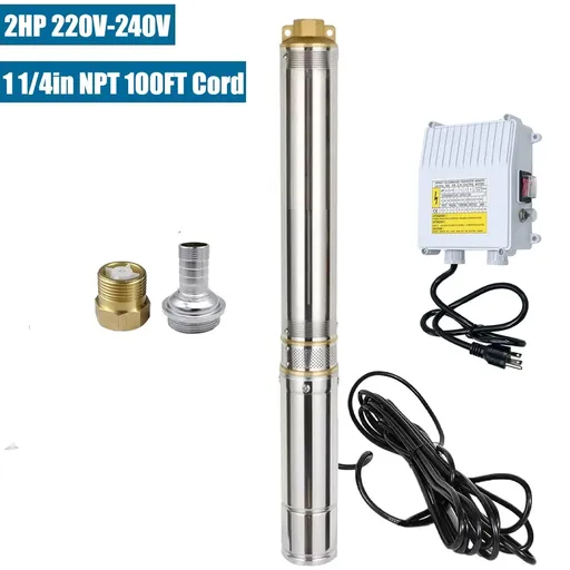 2 HP 4 inch Deep Well Submersible Pump 220V 27GPM 427ft Lift 100ft Cord 1.25 inch NPT Discharge Stainless Steel