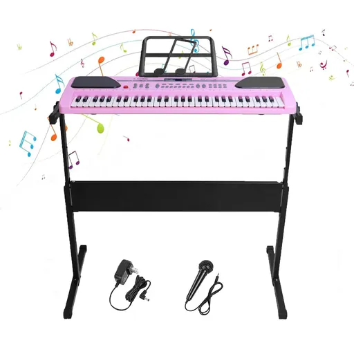 61 Key Electric Digital Piano Music Keyboard With Microphone Stand For Kids Beginner Birthday Christmas Gifts Pink