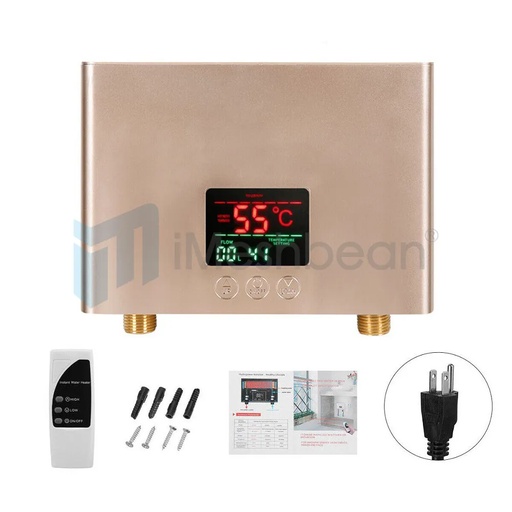3000W Electric Instant Hot Water Heater Tankless Kitchen Shower Boiler Remote Control, Gold
