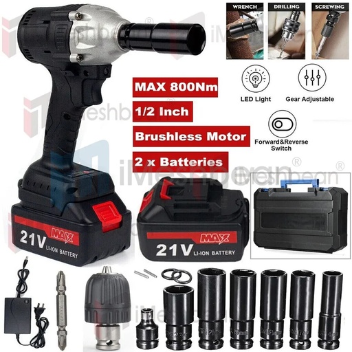 1/2" 21V Cordless Impact Wrench 800Nm High Torque Electric Brushless Gun with 2 Battery