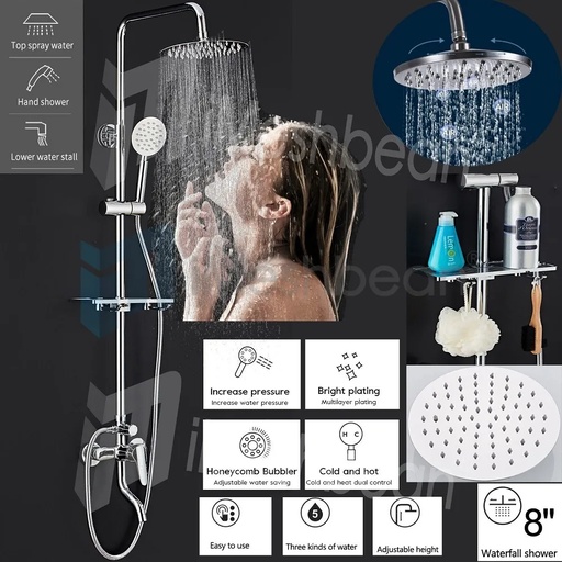Round Shower Faucet Set Rainfall Shower Head Combo w/ Mixer Valve Kit Wall Mount