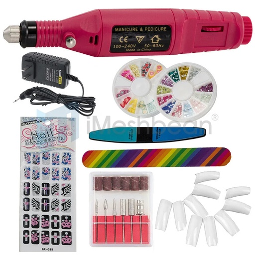 Pink Pen Shape Electric Nail Drill Manicure Filer Kit Nail Polishing Machine Set + wheel+ French tip