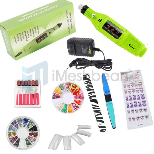 Green Pen Shape Electric Nail Drill Manicure Filer Kit Nail Polishing Machine Set + wheel+ French tip
