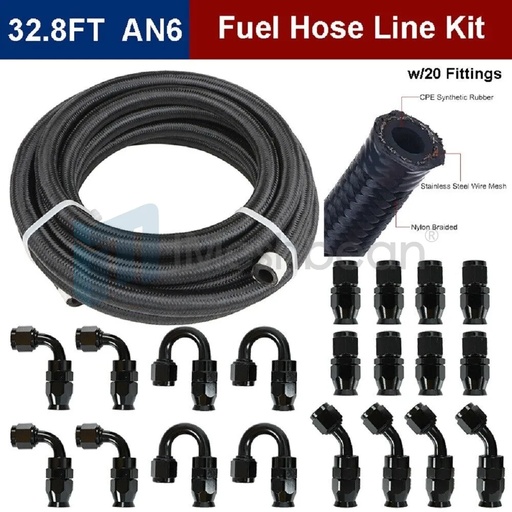 32.8FT 6AN-AN6 Braided Fuel Line Oil/Fuel Line Aluminum Hose End Fitting Kit New