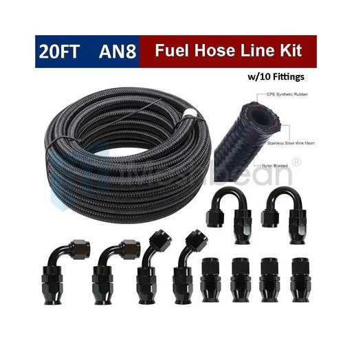 20FT Nylon Braided CPE Fuel Hose Line 8AN-AN8 Oil/Gas/Fuel Hose End Fittings Kit