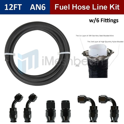 6AN -6AN Black Nylon E85 PTFE Fuel Line 12FT w/6 Fittings Hose Kit E85