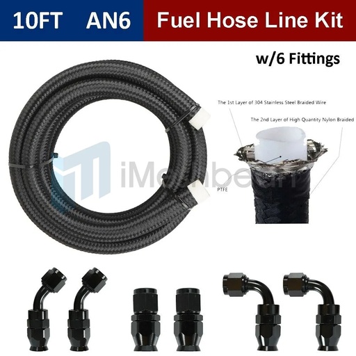 10FT 6AN-AN6 Black Nylon E85 PTFE Fuel Line w/ 6 Fittings Hose Kit
